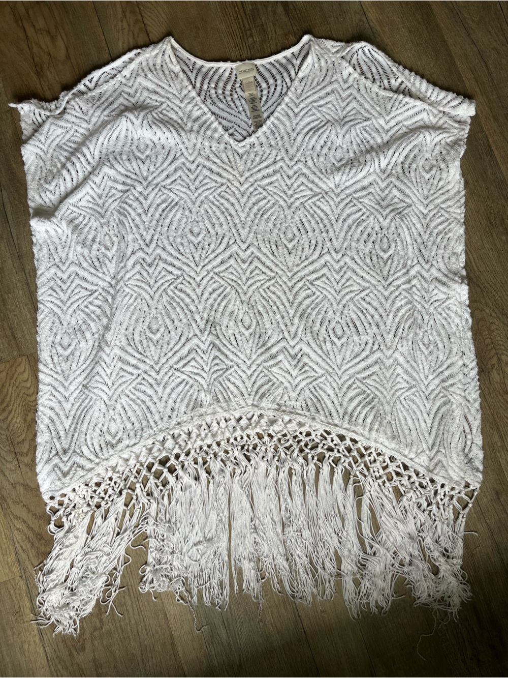 Chico's White Crochet Fringe Coverup Poncho Shoulder Cutout